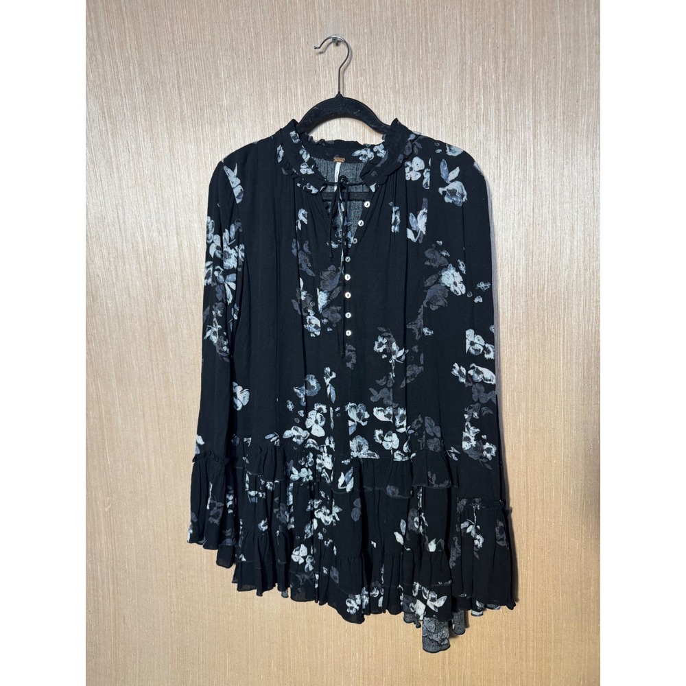 Free People Cloverfield Ruffle Mini Dress Black Blue Long Bell Sleeve Tunic